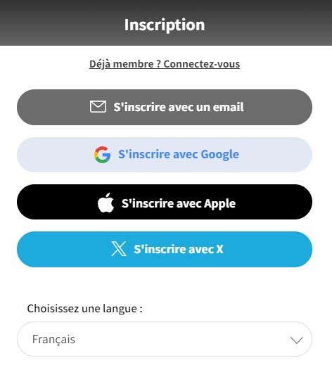 Choisissez parmi diverses méthodes, incluant les comptes Gmail, Apple, X, ou via votre adresse e-mail.